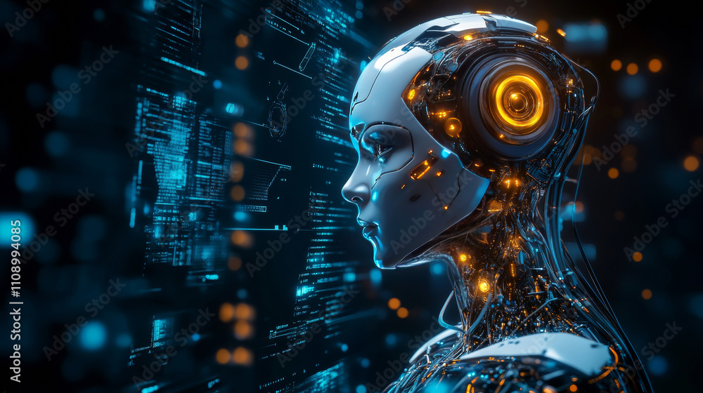 Poster female humanoid robot or cyborg with artificial intelligence sideways. head of machine is connected 