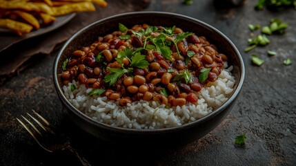 Bowl of black-eyed peas and rice garnished with parsley, styled food photography with copy space