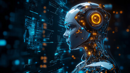 Fototapeta premium female humanoid robot or cyborg with artificial intelligence sideways. Head of machine is connected by cable to the super computer. Beautiful robotic woman with artificial face looking up