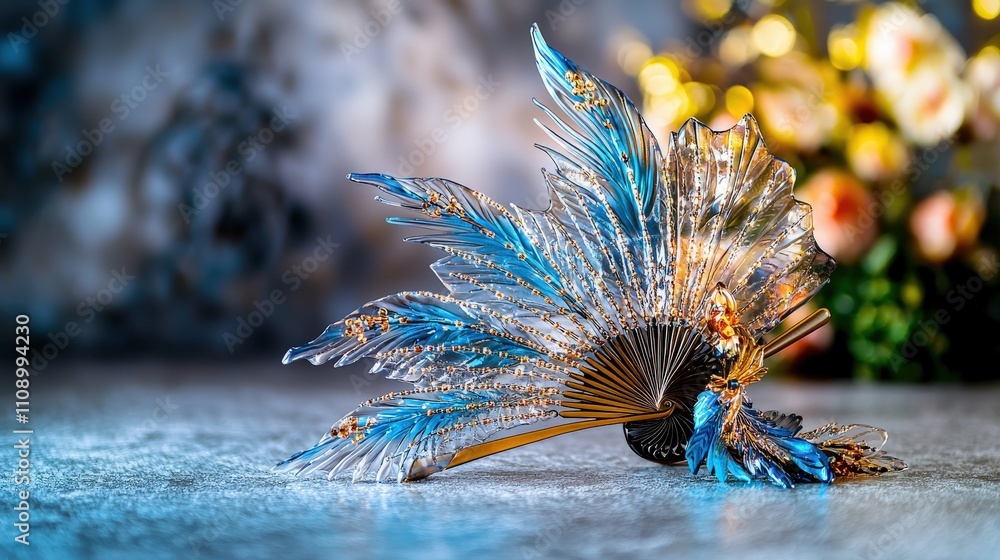 Poster artistic glass fan sculpture showcasing intricate design in a floral setting captured in a stylish i
