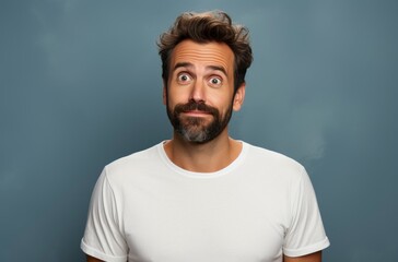 Fototapeta premium A man with a beard, wearing a white t shirt, looks surprised with wide eyes. Studio shot against a muted blue background