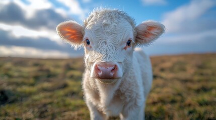 Obraz premium A small white cow standing on top of a lush green field