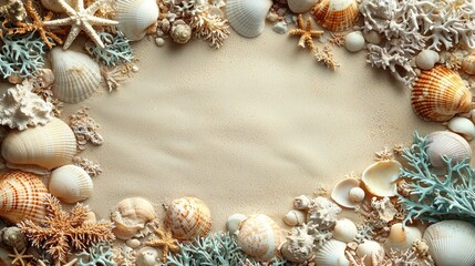 Fototapeta premium A frame made of shells and corals on a sandy beach
