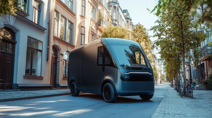 Autonomous driverless van delivers and ships parcels in specified location on map city. Smartphone app displays order information, gps point of self-driving lorry. Future delivery service concept.