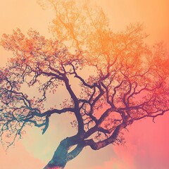 Strategic Business Expansion Ideas in a double exposure pastel image of a tree s branches extending like a mind map, set against a serene gradient sky of orange and pink