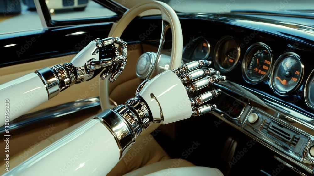 Poster robot hand with car key. symbol of autonomous car. future concept.