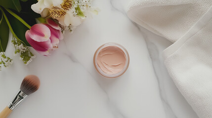 Nourishing moisturizing cream in a jar with a brush and flowers on a marble countertop