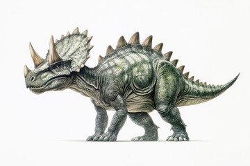 Fototapeta premium A sturdy dinosaur with a spiked back and horns on its head isolated on white background