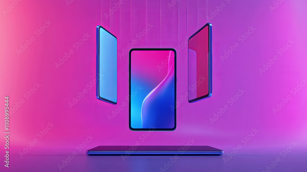 Poster phone front view no frame hanging over screen tablet and laptop. mock up cellphone for ui ux design 