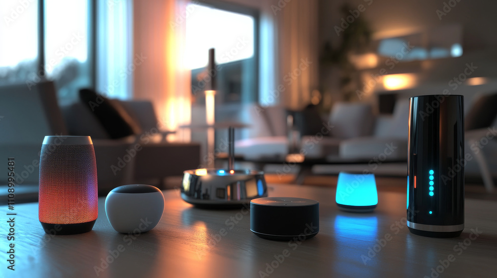 Poster smart speaker recognitions voice commands and controls devices of smart home. personal voice assista