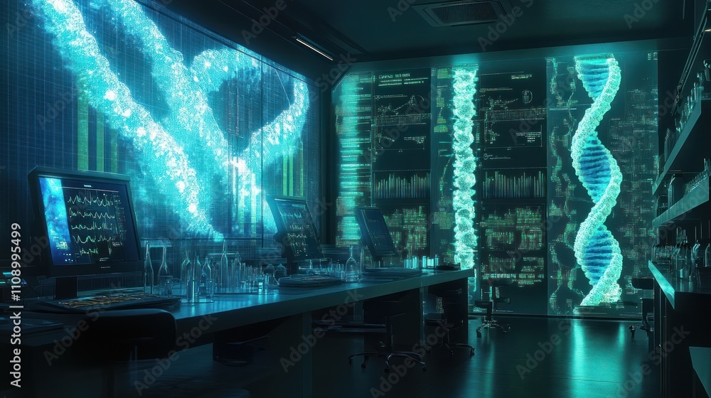 Aufkleber high-tech laboratory with dna visualization and data screens
