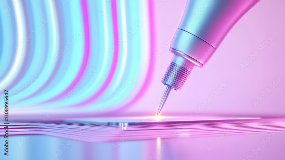 Poster futuristic robotic arm engraving on circuit in neon-lit technological setting