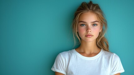 Fototapeta premium A young girl with freckles on her face standing in front of a blue wall