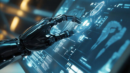 Fototapeta premium The robot mechanical arm or hand presses the index finger on the button a virtual holographic interface HUD on touch screen. Artificial Intelligence futuristic design concept. 3d rendering