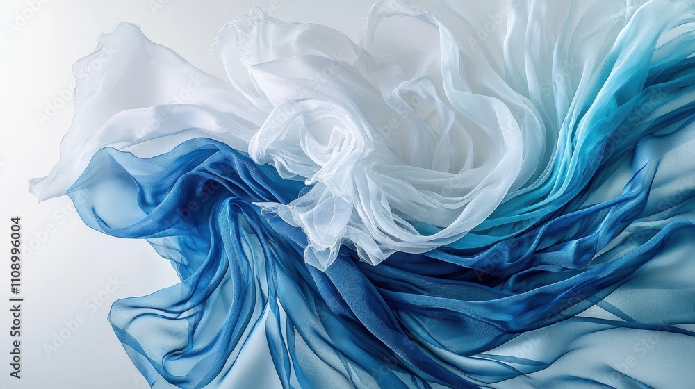 Aufkleber Elegant waves of chiffon fabric captured in soft blue and white tones artistic display studio abstract design