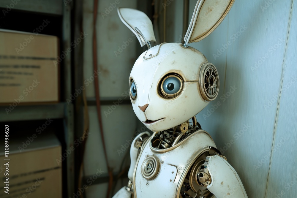 Poster futuristic robot rabbit with intricate mechanisms in industrial setting