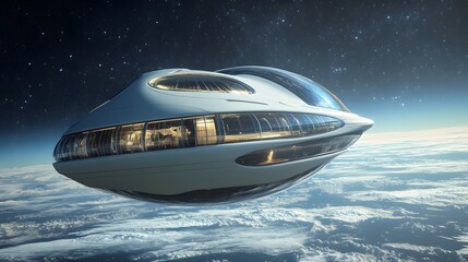 Obraz premium A futuristic space station orbiting Earth, with large windows showing the planet below and stars in the distance