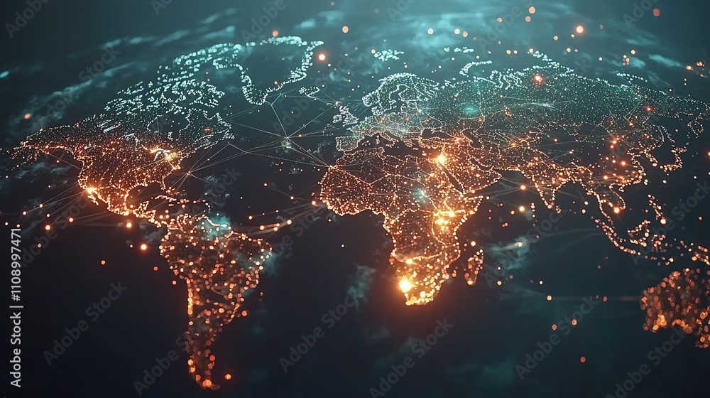 Aufkleber global network connection, illuminated world map.