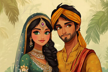 A couple dressed in traditional attire, smiling in a lush, tropical setting.