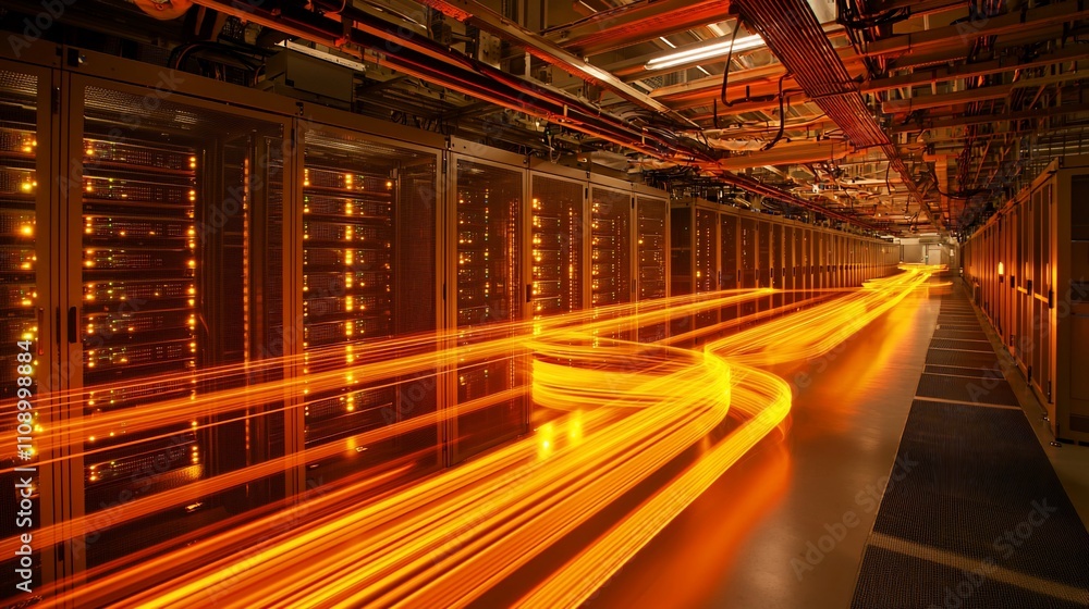 Poster server room with glowing data streams.