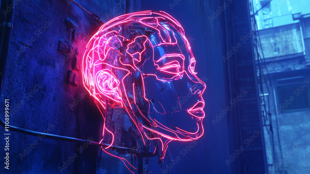Poster ai technology neon character hanging on blue background. abstract artificial intelligence concept ba