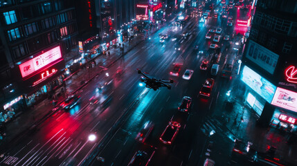 Obraz premium Drone with video camera In The Air Over City Roadway. Unmanned Aircraft System or UAV monitoring street traffic or photography urban landscape in the Night .