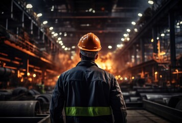 Obraz premium Steelworker Contemplates Industrial Factory Glowing Furnace Night Shift