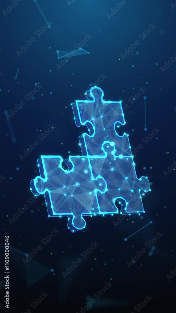 Poster abstract animated vertical wallpaper with low poly jigsaw puzzle assembling continuously. synergy pa