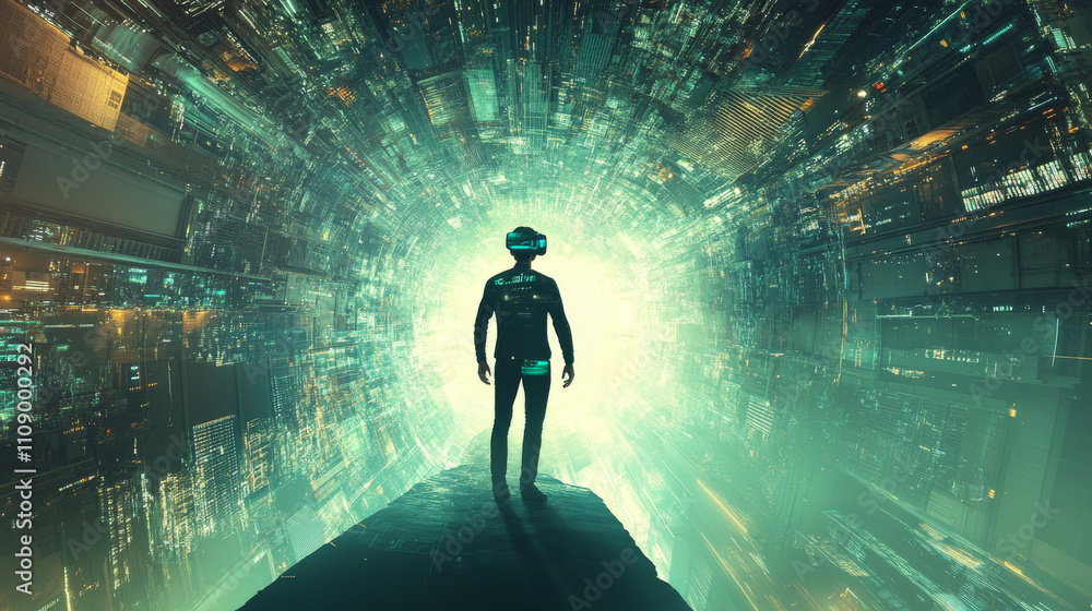 Poster man in vr ar 3d futuristic headset in virtual reality simulation in metaverse in cyberpunk style sui
