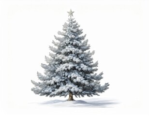 Snow Kissed Christmas Tree Illustration. Perfect for Holiday Cards, Winter Decorations, Festive Posters, or Digital Artwork with Frosty Pine Details and a Starry Top for Seasonal Inspiration