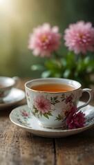 Fototapeta premium Tea with a flower on a blurred background.