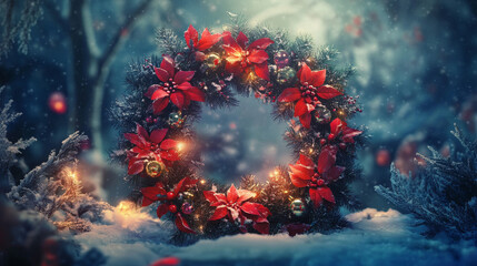 christmas wreath on red background