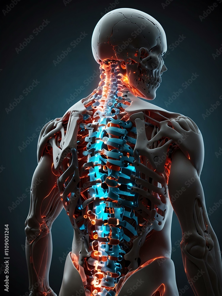 Poster tech-health interface with a digital spine and skeleton.
