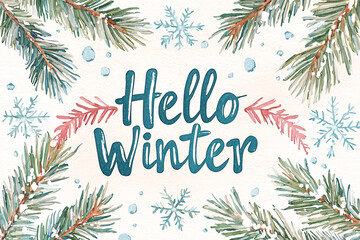 A festive winter background with the phrase "Hello Winter" surrounded by snow-covered pine branches and snowflakes,
