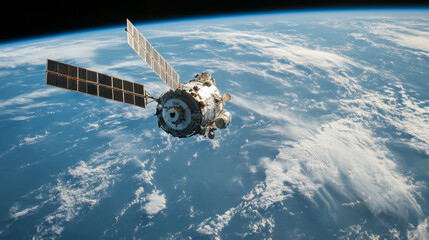Obraz premium Satellite network in space concept. Wireless internet satellite technology, communication. Global telecommunications abstract tech illustration. artificial satellite earth data transfer on world map.