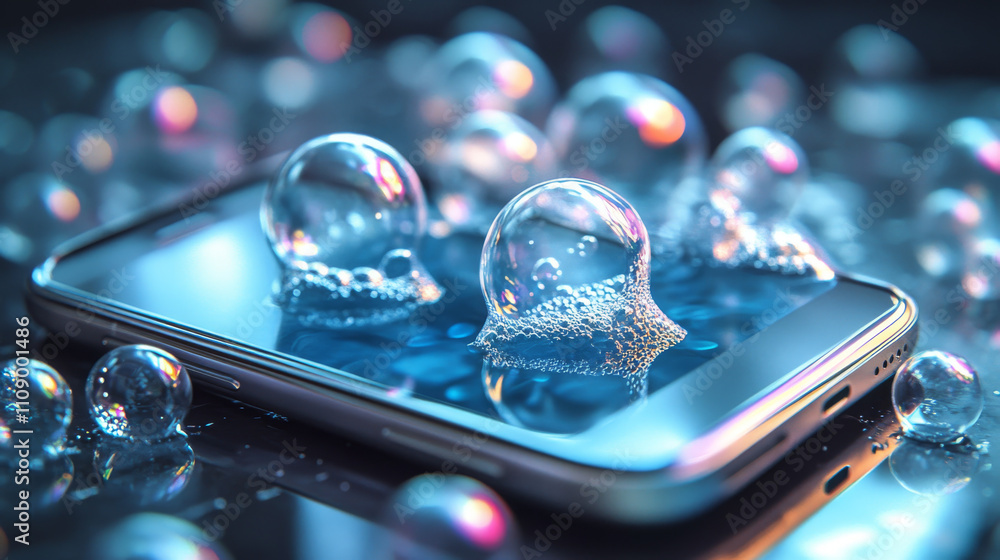 Poster modern frameless smartphone with empty chat bubbles on screen. message or sms on mobile phone. reali