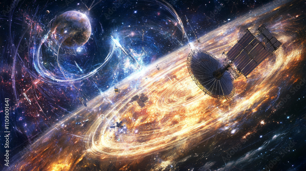 Poster telecommunications satellite broadcasting a abstract signal in space earth. communication satellite 