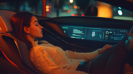 Autonomous Smart car interior. A woman rides a autonomous car in the city on the highway. The display shows information about the vehicle is moving, GPS, travel time, Assistance app. Future concept.