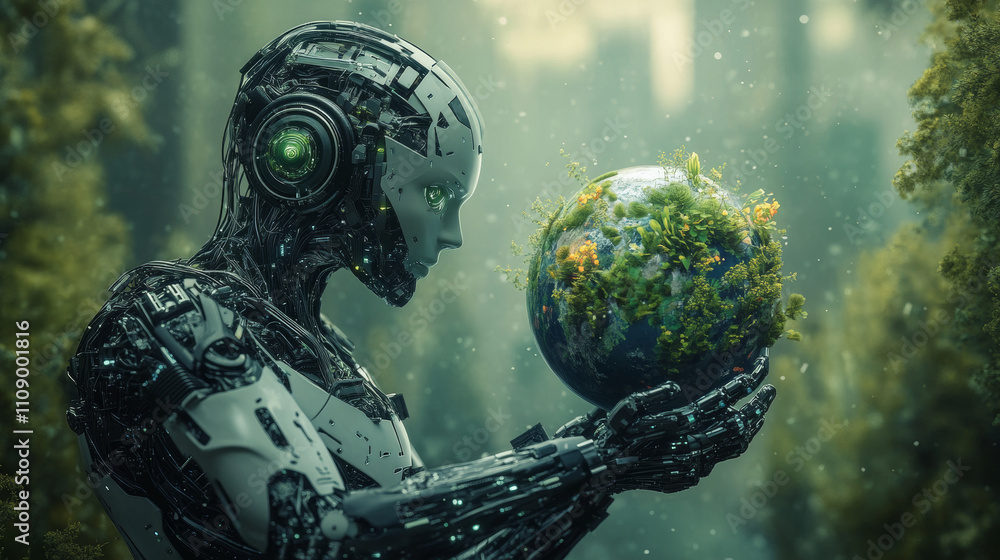 Poster ai saves the world from apocalypse. robot woman holds on the shoulders globe. artificial intelligenc
