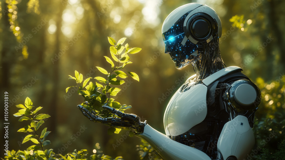 Poster ai saves the world from apocalypse. robot woman holds on the shoulders globe. artificial intelligenc