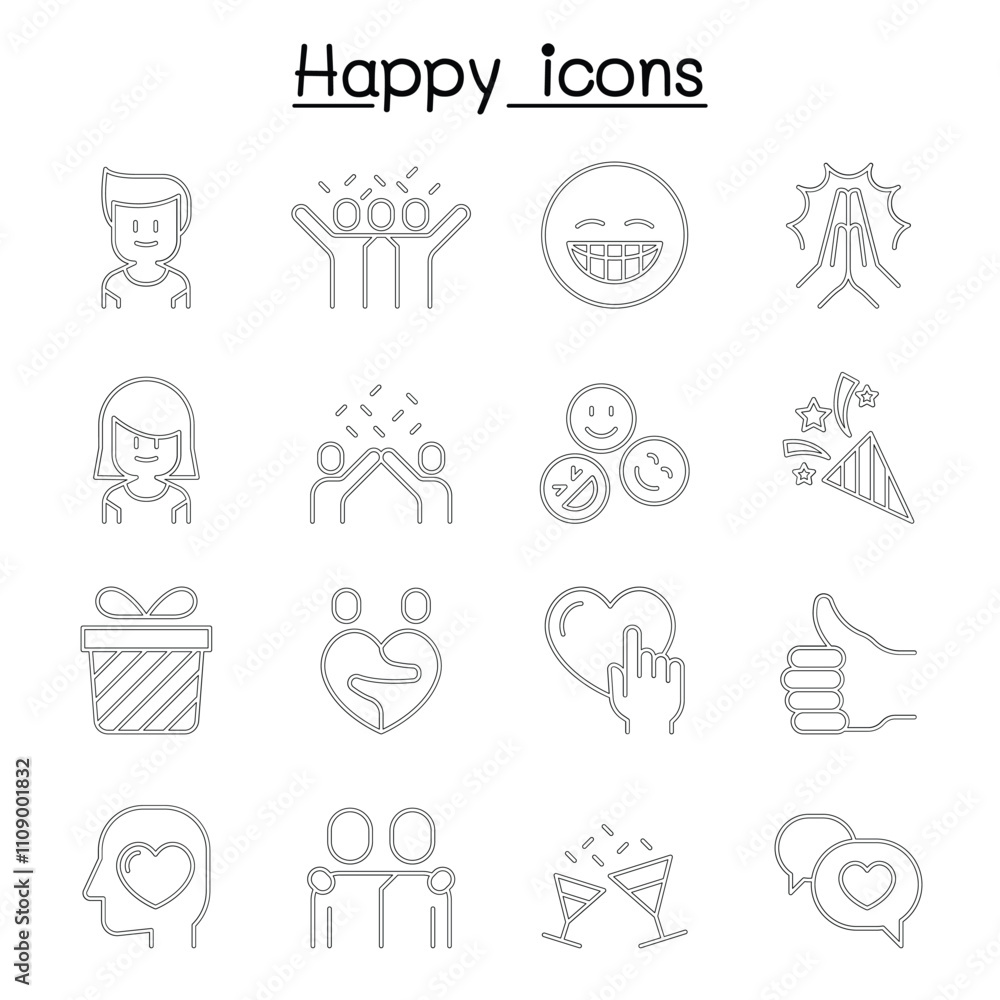 Wall mural Happy icon set in thin line style