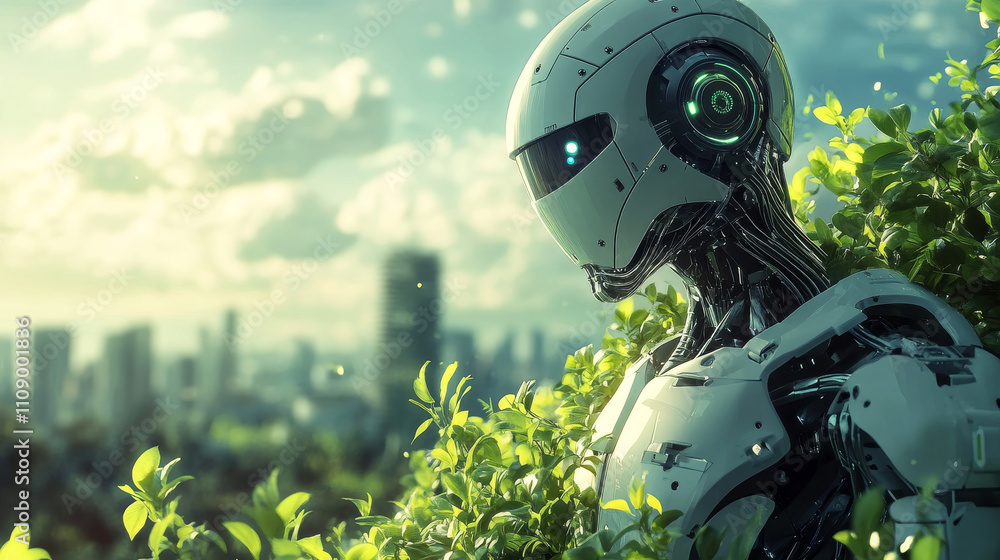 Poster ai saves the world from apocalypse. robot woman holds on the shoulders globe. artificial intelligenc