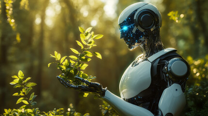 Fototapeta premium AI saves the world from apocalypse. Robot woman holds on the shoulders globe. Artificial intelligence saves nature and humanity from disaster. AI trying to save civilization from the end of the world.