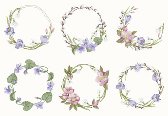 Watercolor Wreath Template Set With Floral Elements.