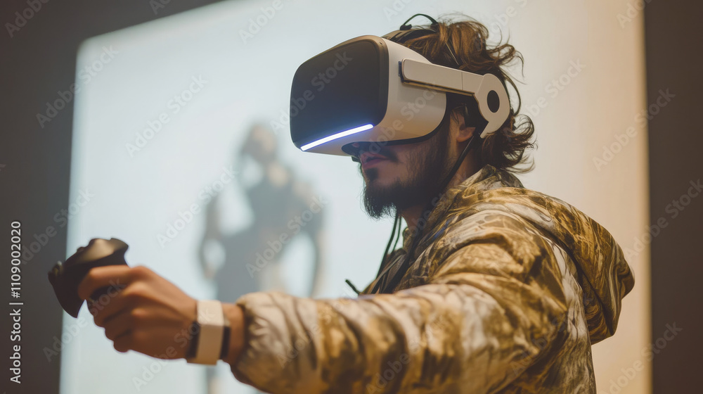 Poster man in vr headset or 3d glasses of virtual reality looks and interacts with holographic interface of