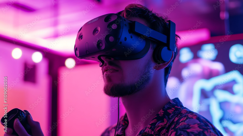 Poster man in vr headset or 3d glasses of virtual reality looks and interacts with holographic interface of