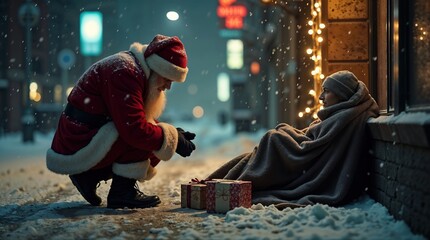 A Christmas spirit image. Kneeling Santa Claus placing a wrapped gift next to a poor homeless woman...