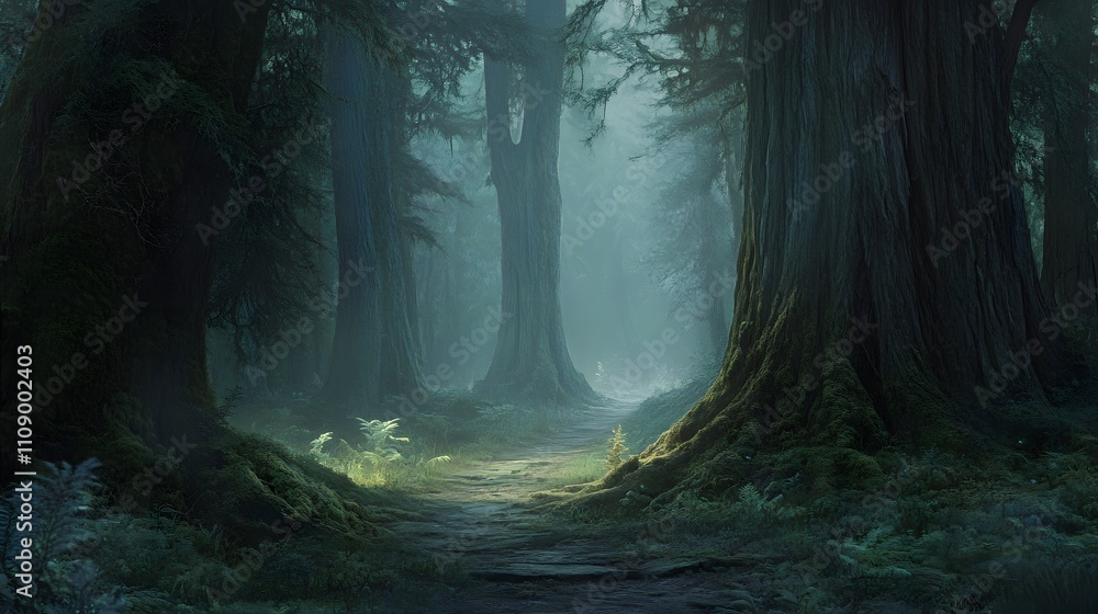 Poster a dense, foggy forest path leading through ancient trees with moss-covered bark and soft light break