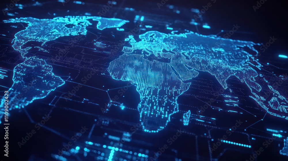Poster digital world map with data visualization elements