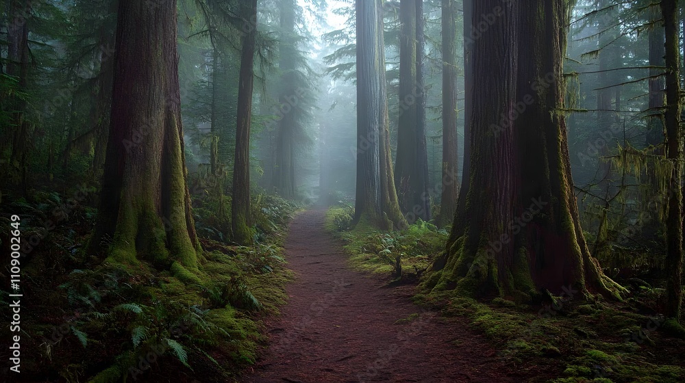 Poster a dense, foggy forest path leading through ancient trees with moss-covered bark and soft light break